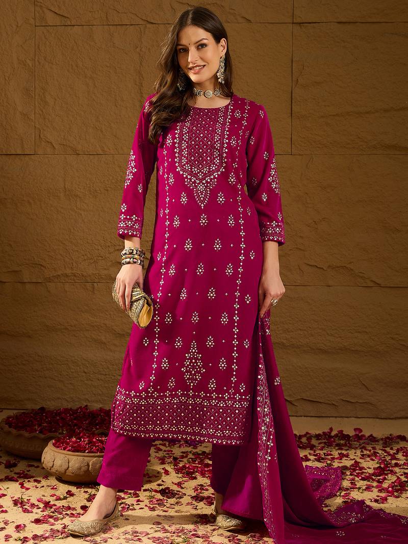 Women pink velvet ethnic motifs printed straight kurta trousers with dupatta