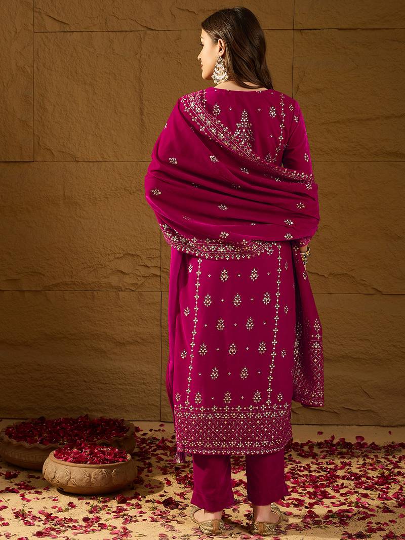 Women pink velvet ethnic motifs printed straight kurta trousers with dupatta