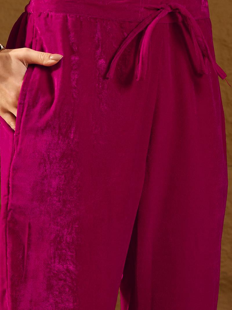 Women pink velvet ethnic motifs printed straight kurta trousers with dupatta