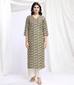  olive green linen silk geometric printed straight kurta