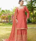 ORANGE SILK PARTY WEAR EMBROIDERY  SUIT SET 