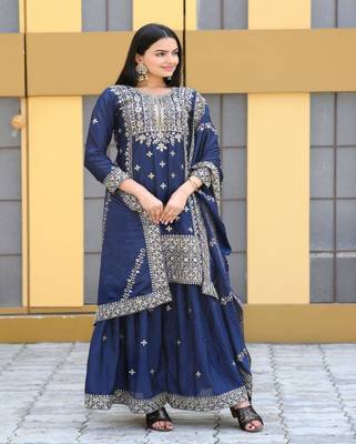 Navy Blue CHINON  emboidery work PARTY WEAR  Slwar suits  1