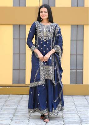 Navy Blue CHINON  emboidery work PARTY WEAR  Slwar suits  3