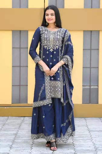 Navy Blue CHINON  emboidery work PARTY WEAR  Slwar suits 