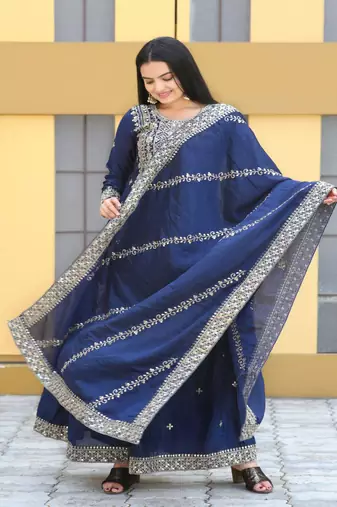 Navy Blue CHINON  emboidery work PARTY WEAR  Slwar suits 
