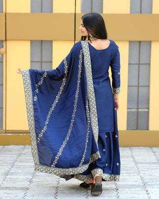 Navy Blue CHINON  emboidery work PARTY WEAR  Slwar suits  6