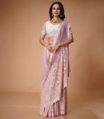 Baby pink stone work net saree