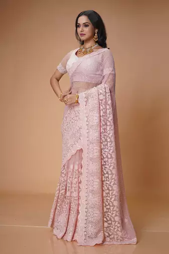 Baby pink stone work net saree