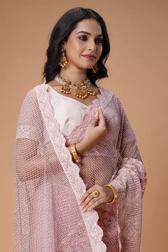 Baby pink stone work net saree