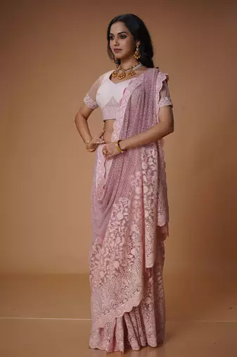 Baby pink stone work net saree