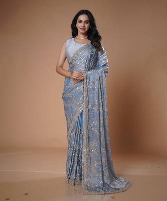 Blue beads work beautiful saree 1