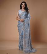 Blue beads work beautiful saree