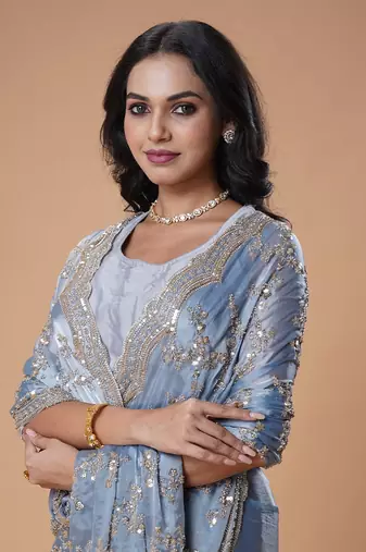 Blue beads work beautiful saree