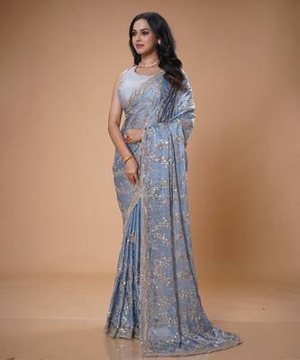 Blue beads work beautiful saree 3