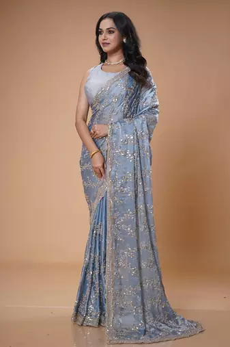 Blue beads work beautiful saree