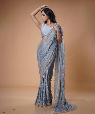 Blue beads work beautiful saree 5