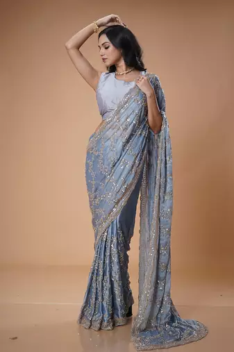 Blue beads work beautiful saree
