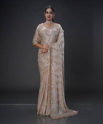 Light Brown beads tissue organza saree 1