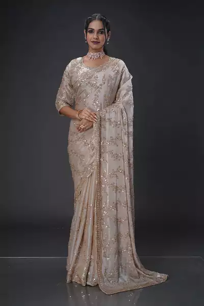 Gold beads tissue organza saree