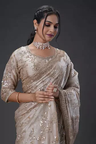Light Brown beads tissue organza saree