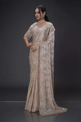 Light Brown beads tissue organza saree