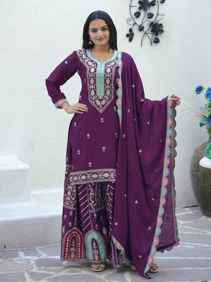 PURPLE HEAVY CHINON EMBROIDERY PARTY WEAR SUIT  1