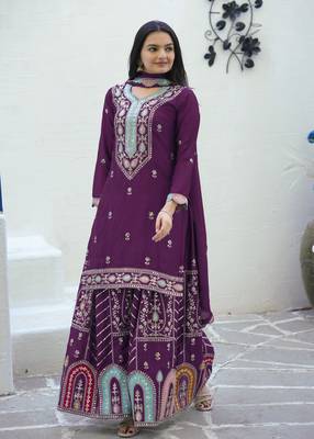PURPLE HEAVY CHINON EMBROIDERY PARTY WEAR SUIT  2