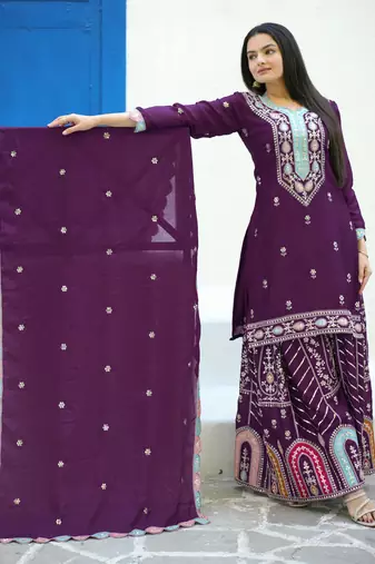 PURPLE HEAVY CHINON EMBROIDERY PARTY WEAR SUIT 
