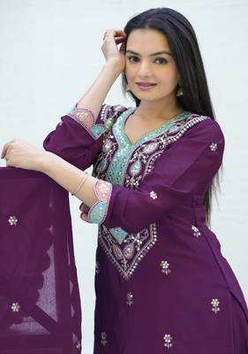 PURPLE HEAVY CHINON EMBROIDERY PARTY WEAR SUIT  4
