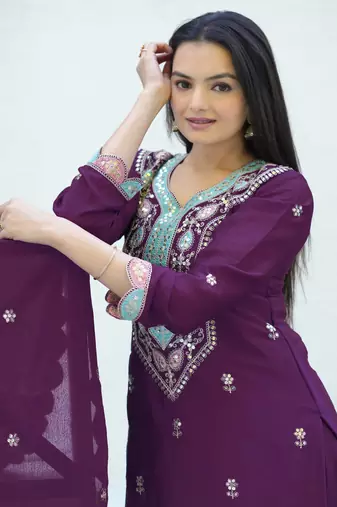PURPLE HEAVY CHINON EMBROIDERY PARTY WEAR SUIT 