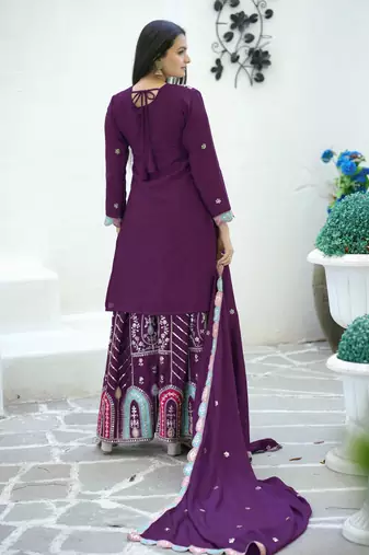 PURPLE HEAVY CHINON EMBROIDERY PARTY WEAR SUIT 