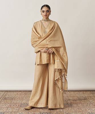 golden silk kurta set with embroidered neckline & dupatta 1