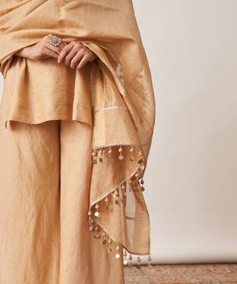 golden silk kurta set with embroidered neckline & dupatta 2