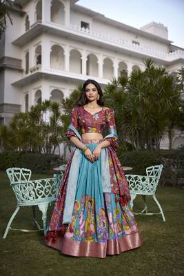 Blue & SALMON Jacquard Silk  Lehenga Choli 1