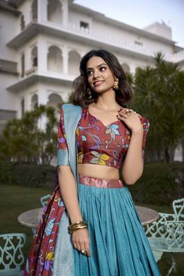 Blue & SALMON Jacquard Silk  Lehenga Choli 2