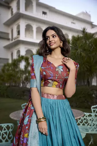 Blue & SALMON Jacquard Silk  Lehenga Choli