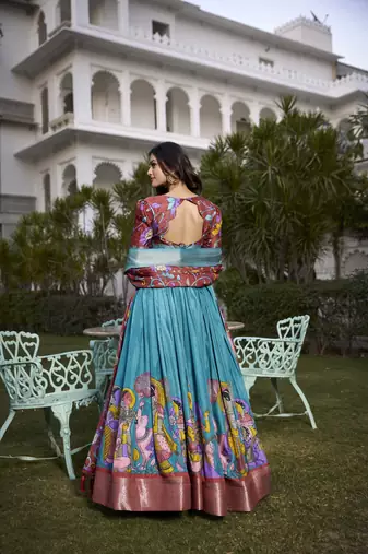 Blue & SALMON Jacquard Silk  Lehenga Choli