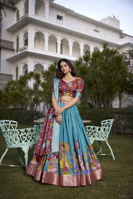 Blue & SALMON Jacquard Silk  Lehenga Choli 4