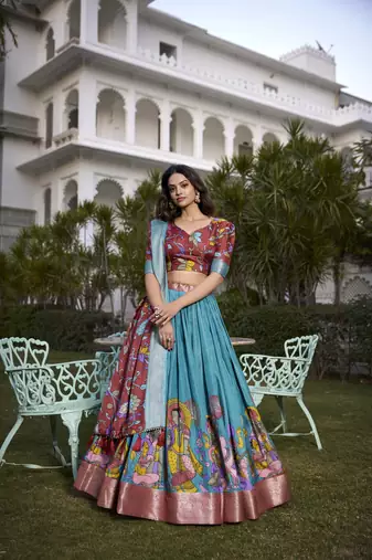 Blue & SALMON Jacquard Silk  Lehenga Choli