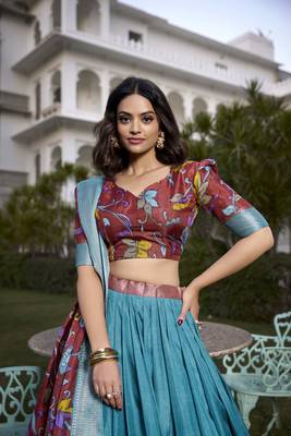 Blue & SALMON Jacquard Silk  Lehenga Choli 5