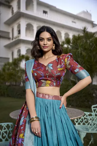 Blue & SALMON Jacquard Silk  Lehenga Choli