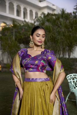 Mustard & purple Jacquard Silk Lehenga Choli 2
