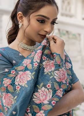 Teal-Blue Color Embroidery Designer Saree 2