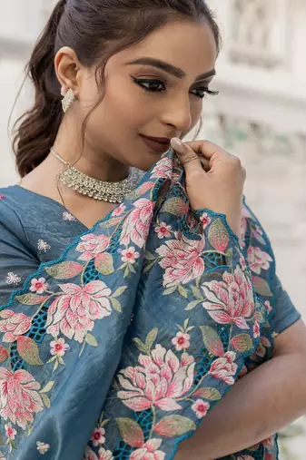 Teal-Blue Color Embroidery Designer Saree