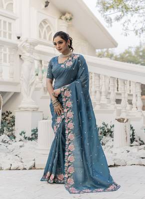 Teal-Blue Color Embroidery Designer Saree 1