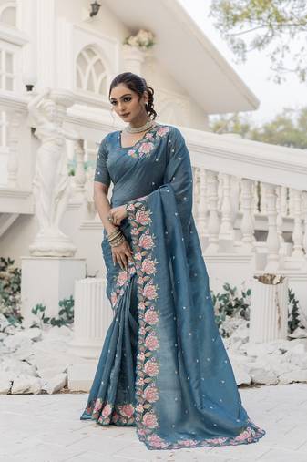 Teal-Blue Color Embroidery Designer Saree