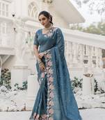 Teal-Blue Color Embroidery Designer Saree