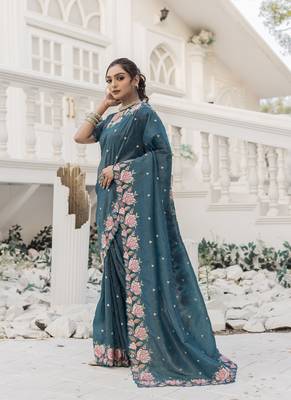 Teal-Blue Color Embroidery Designer Saree 3