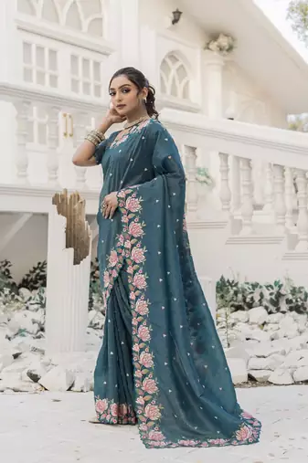 Teal-Blue Color Embroidery Designer Saree