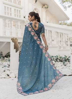 Teal-Blue Color Embroidery Designer Saree 4